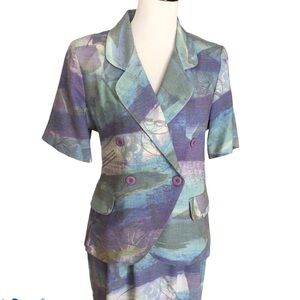 Vintage Skirt Suit Short Sleeve Jacket Top Pastel Blue Green Lavender Size S